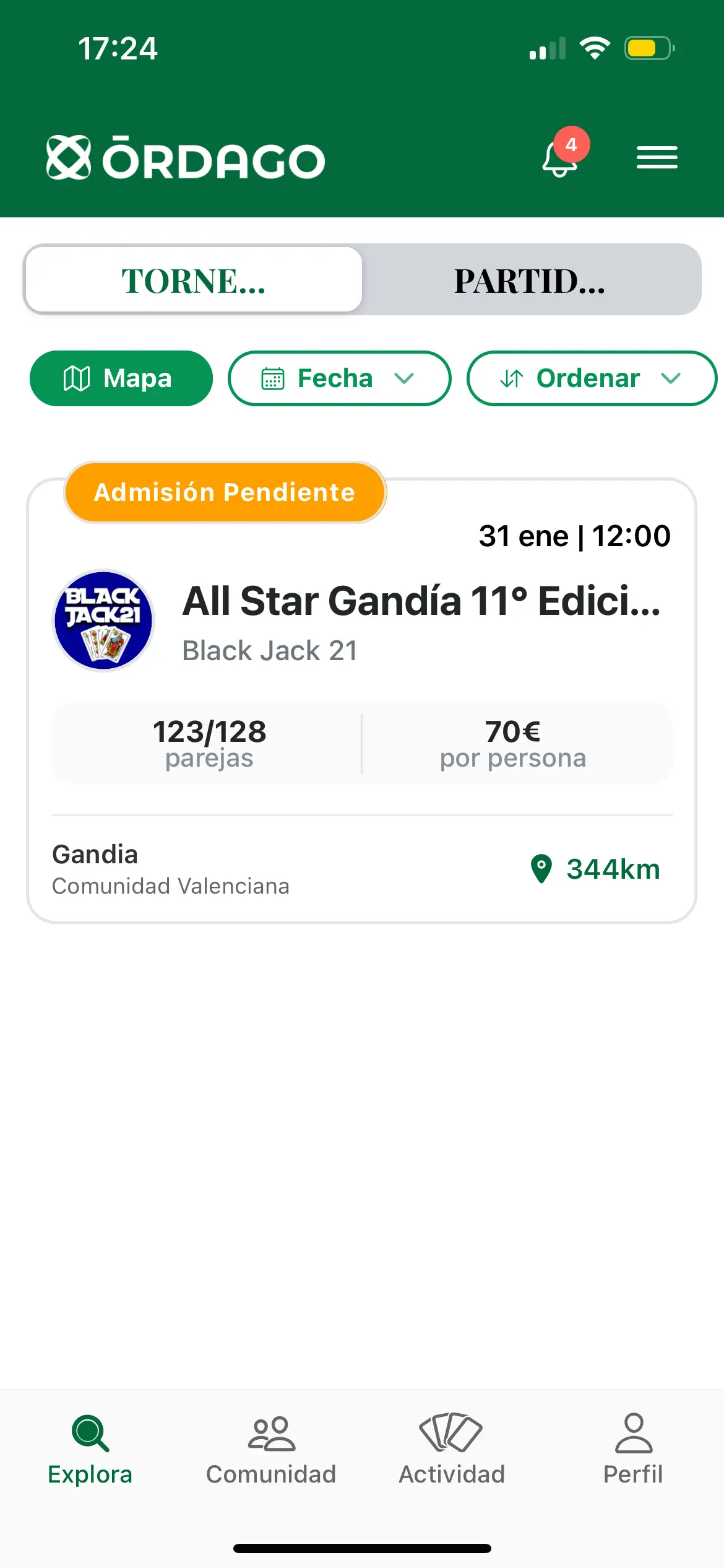 Vista de torneos para organizadores en Órdago